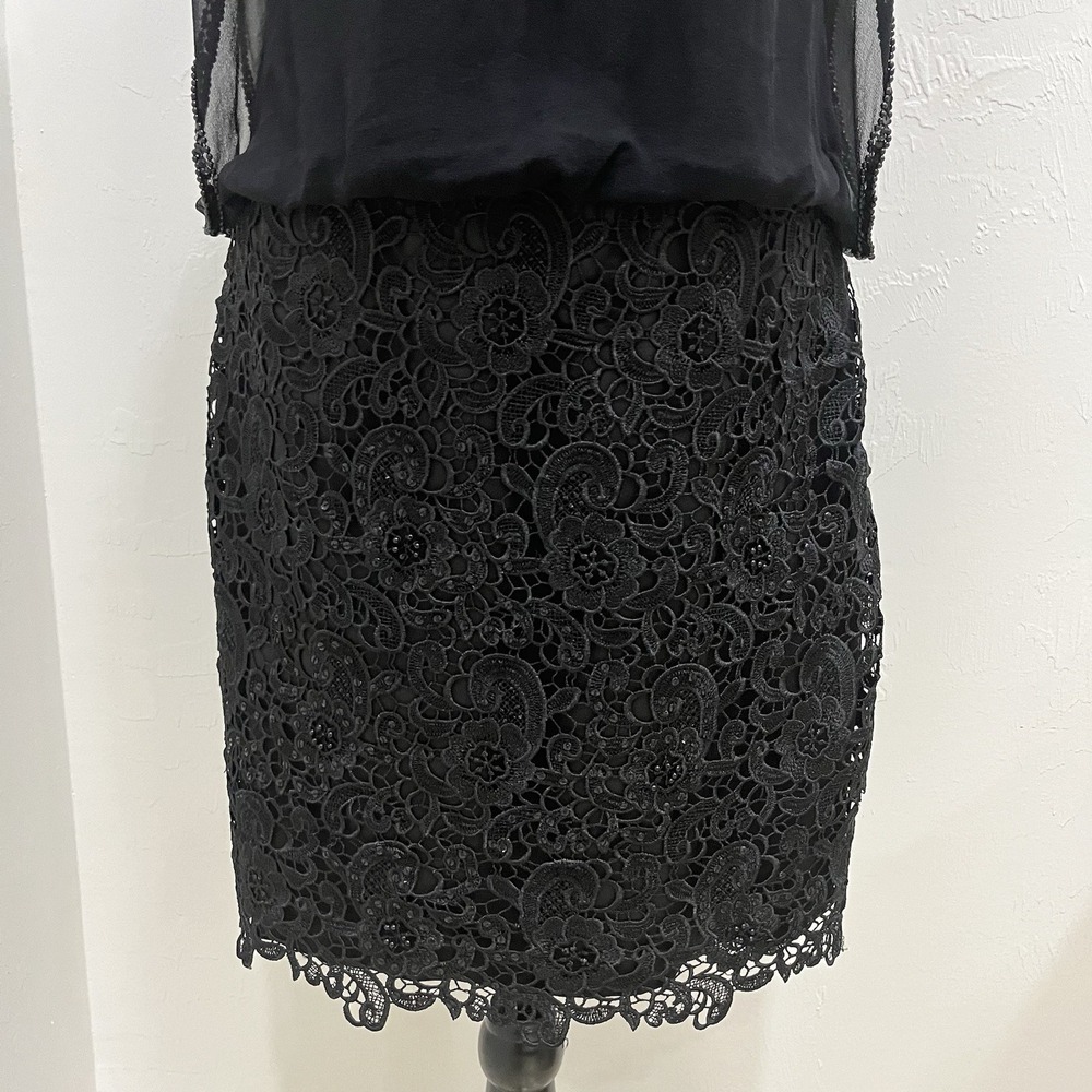 Aidan Mattox Cocktail Dress Women 6 Black Good Silk Lace Beaded Sheer Overlay - Picture 7 of 14